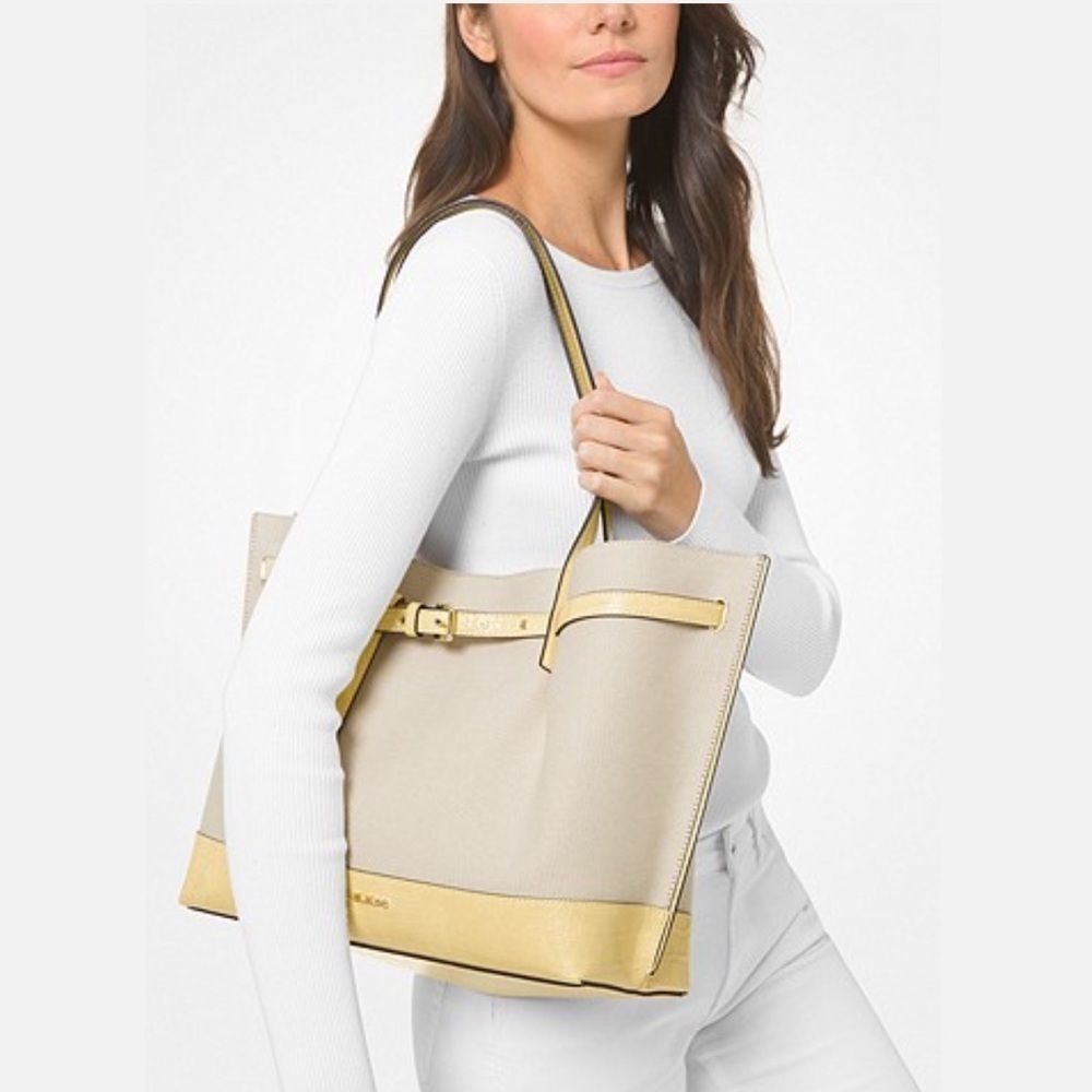 Michael Kors Yellow Crocodile & Canvas Emilia Triple Compartment Tote Bag NWT